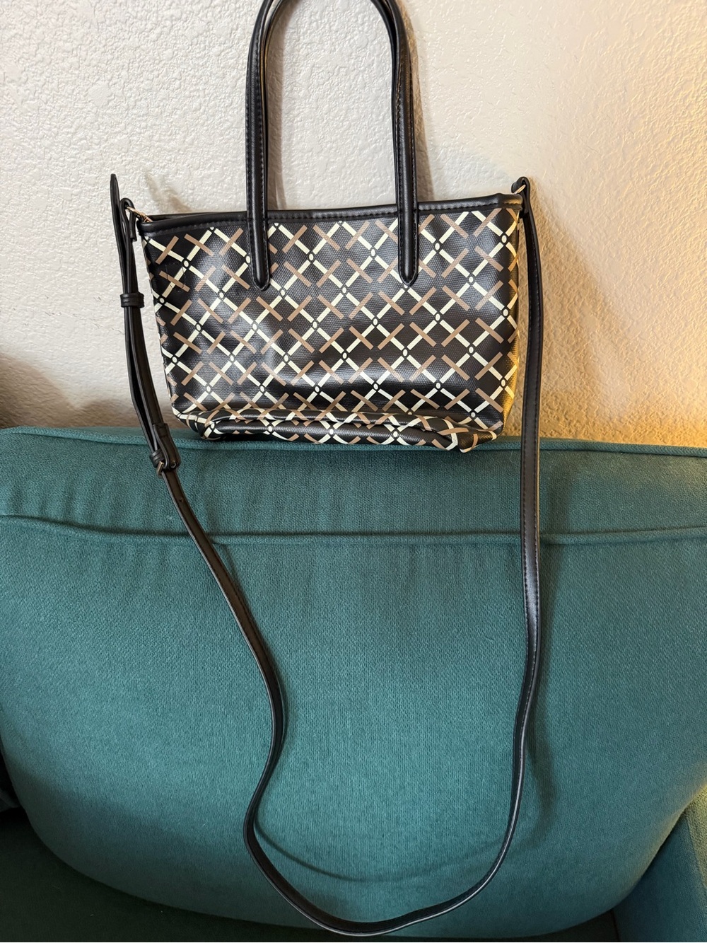 Black Patterned Crossbody Tote Bag - coated canvas